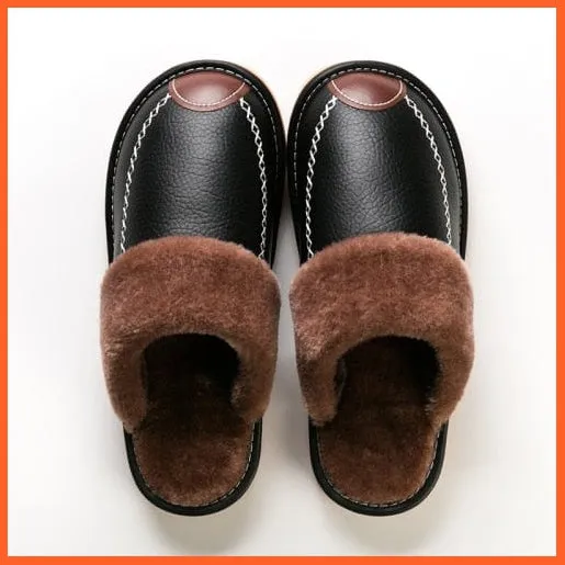 Men Winter Leather Slippers Cotton Slippers | Waterproof Thick Plus Velvet Indoor Warm Slippers