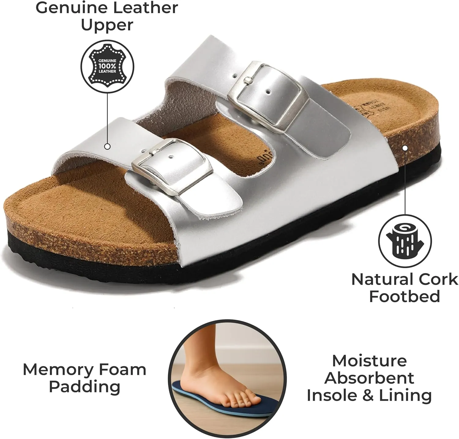 Project Cloud Genuine Leather Slides For Kids - Natural Cork Footbed Summer Sandals Beach Slide Sandals for Girls & Boys - Non-Slip Boys & Girls Sandals (Little Venita)