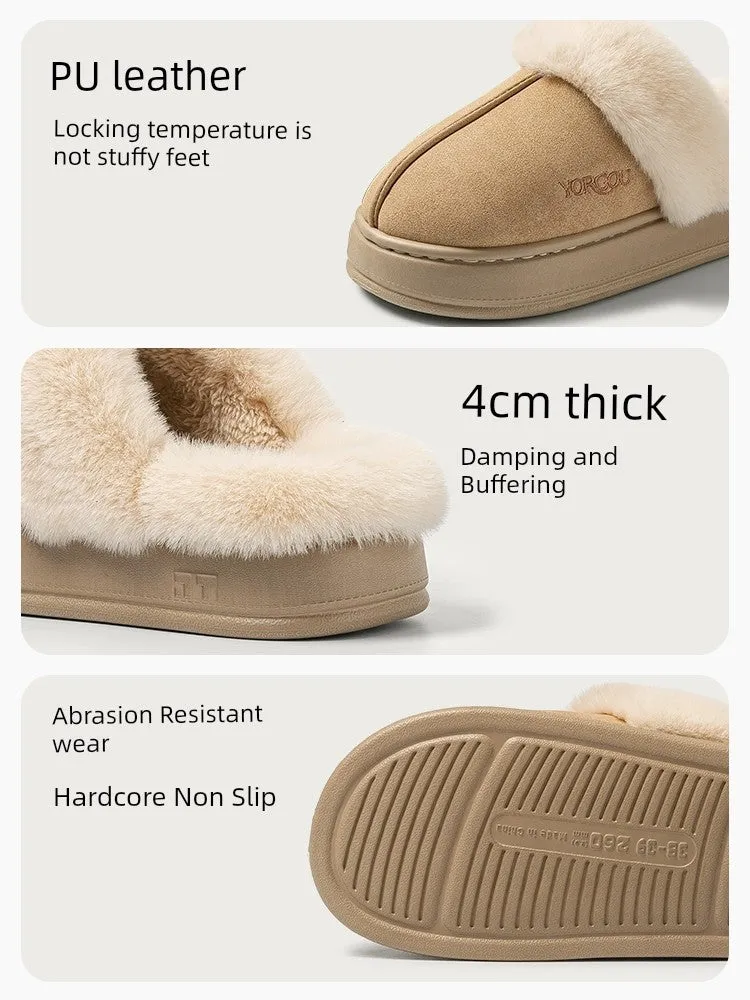 Velvet Winter Home Cotton Slippers – Cozy PU Leather Slippers with EVA Sole for Comfort and Warmth