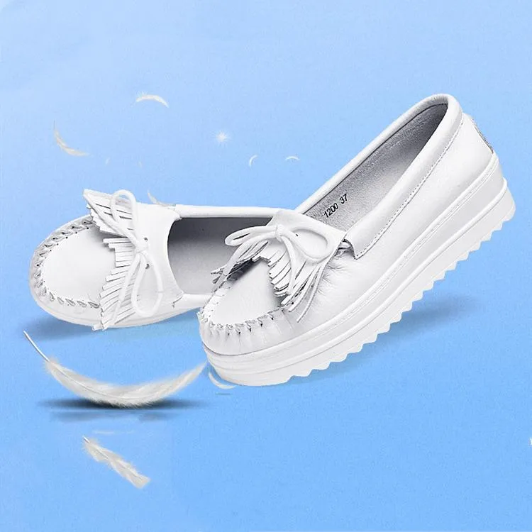 Women's white slip on platform wedge tassels loafers shoes