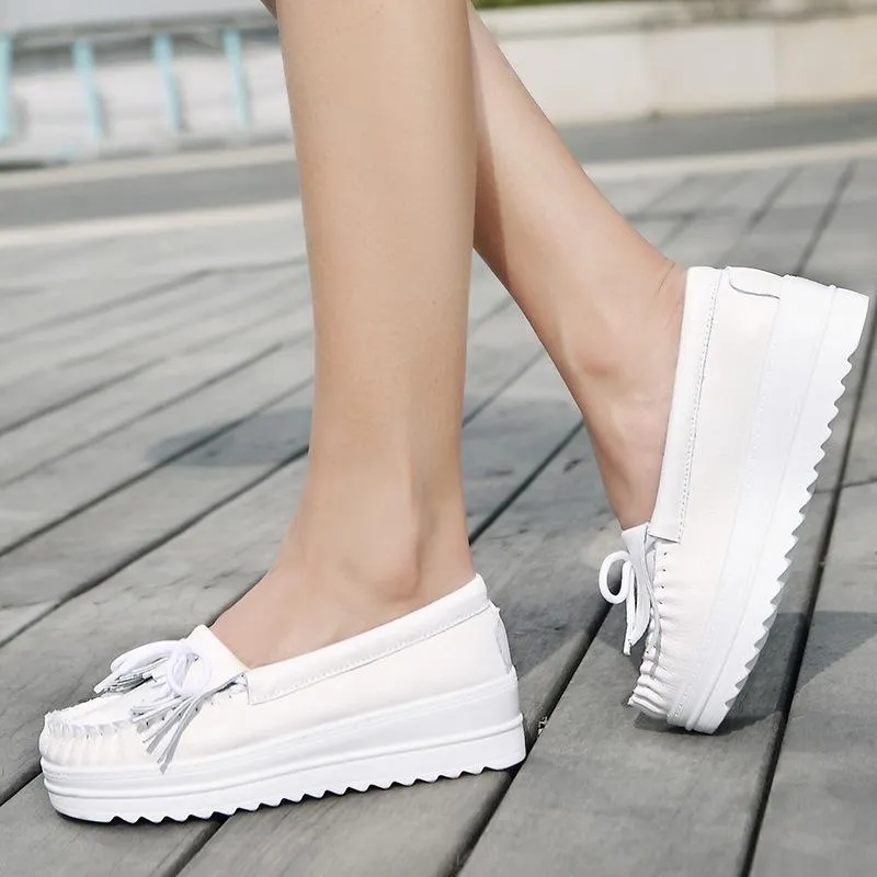 Women's white slip on platform wedge tassels loafers shoes