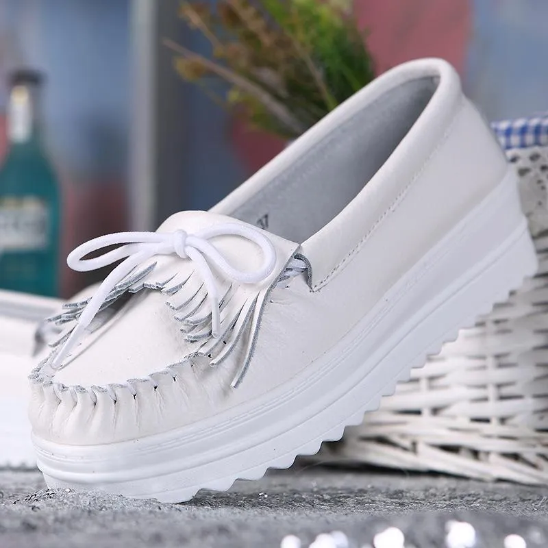 Women's white slip on platform wedge tassels loafers shoes