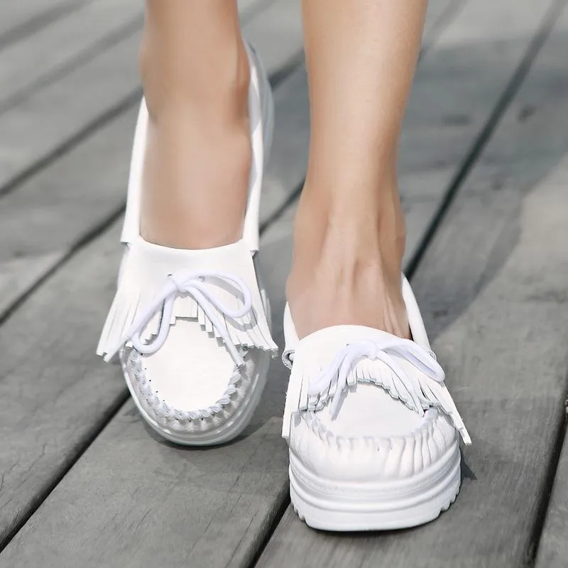 Women's white slip on platform wedge tassels loafers shoes